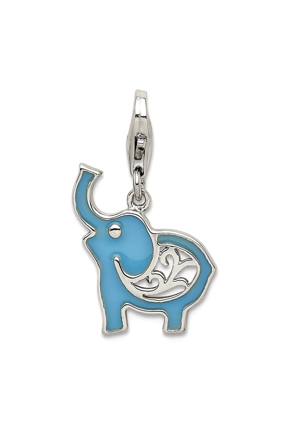 925 Sterling Silver Solid Spring-Ring Polished back Blue Enameled Elephant Charm 23x13mm Wide Charm for Women