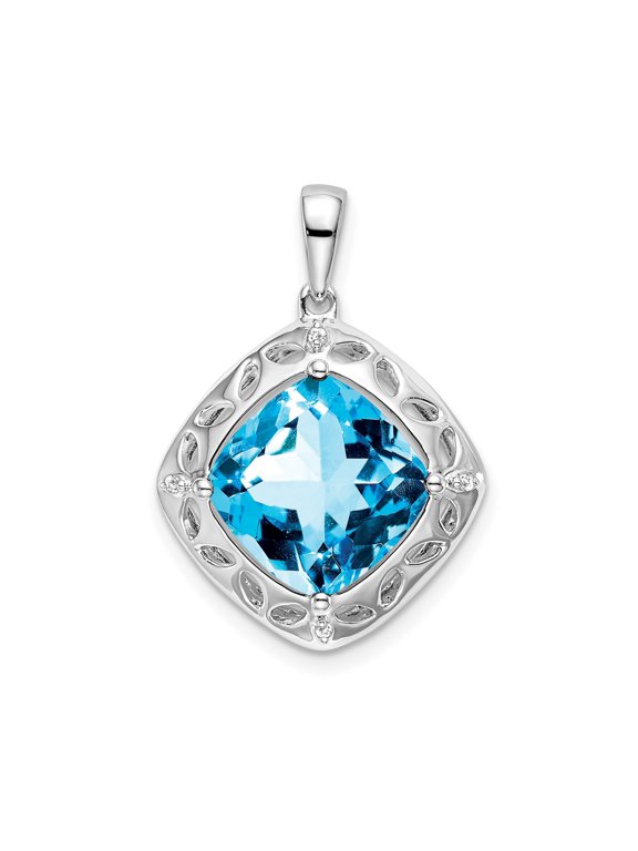 Sterling Silver Swiss Blue Topaz and Diamond Leaf Pendant Charm for Women