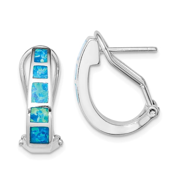 Sterling Silver Blue Inlay Created Opal Squares Hoop Earrings