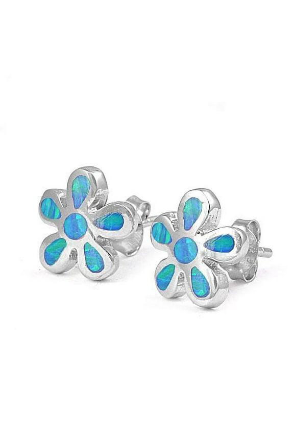Sterling Silver Blue Lab Opal Plumeria Flower Stud Earrings for Adult Women Teens - 10mm