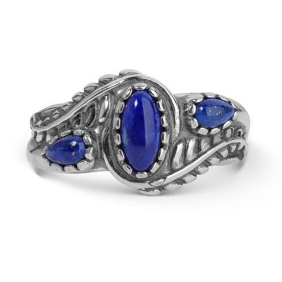 Sterling Silver Blue Lapis Gemstone 3-Stone Leaf Design Ring, Sizes 5 to 10
