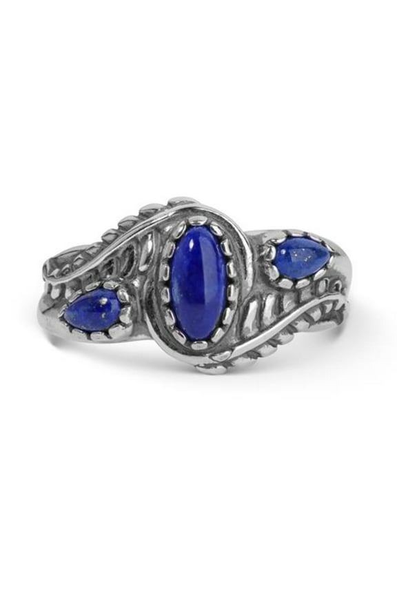 Sterling Silver Blue Lapis Gemstone 3-Stone Leaf Design Ring, Sizes 5 to 10