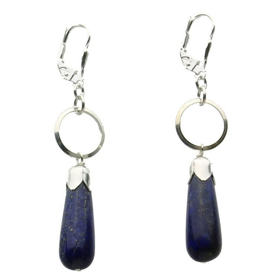 Sterling Silver Blue Lapis Stone Teardrop Circle Link Lever-back Earrings