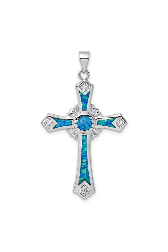 Sterling Silver Blue Opal Cross Pendant Necklace for Men and Women with CZ Accents Flared Arms Modern Mirror Finish Spiritual Jewelry for Everyday Wear