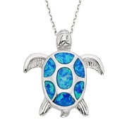 Sterling Silver Gold Tone or Rose Tone Created Blue or Pink Opal Nautical Sea Turtle 18 Pendant Necklace