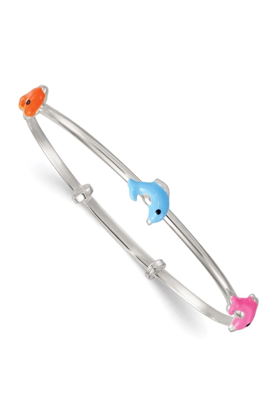 Sterling Silver Blue/Pink/Black Enamel Dolphins Childrens Expandable Slip-on Bangle