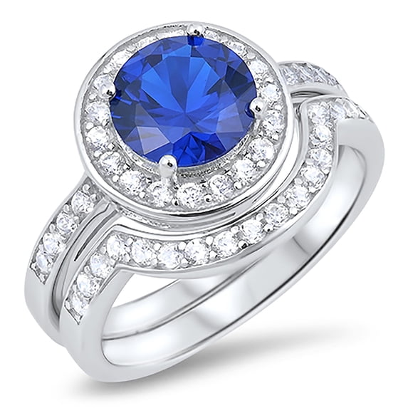 LaRaso & Co Sterling Silver Blue Sapphire CZ Halo Bridal Wedding Band Engagement Ring Set (Size 5)