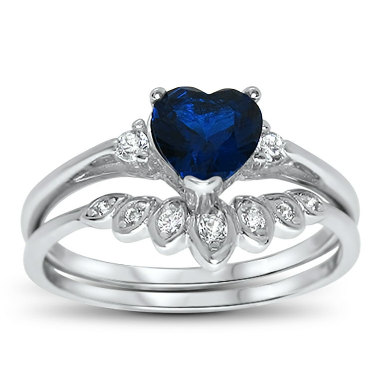 Sterling Silver Blue Sapphire Heart Shape CZ Wedding Engagement Ring Set for Women Size 5