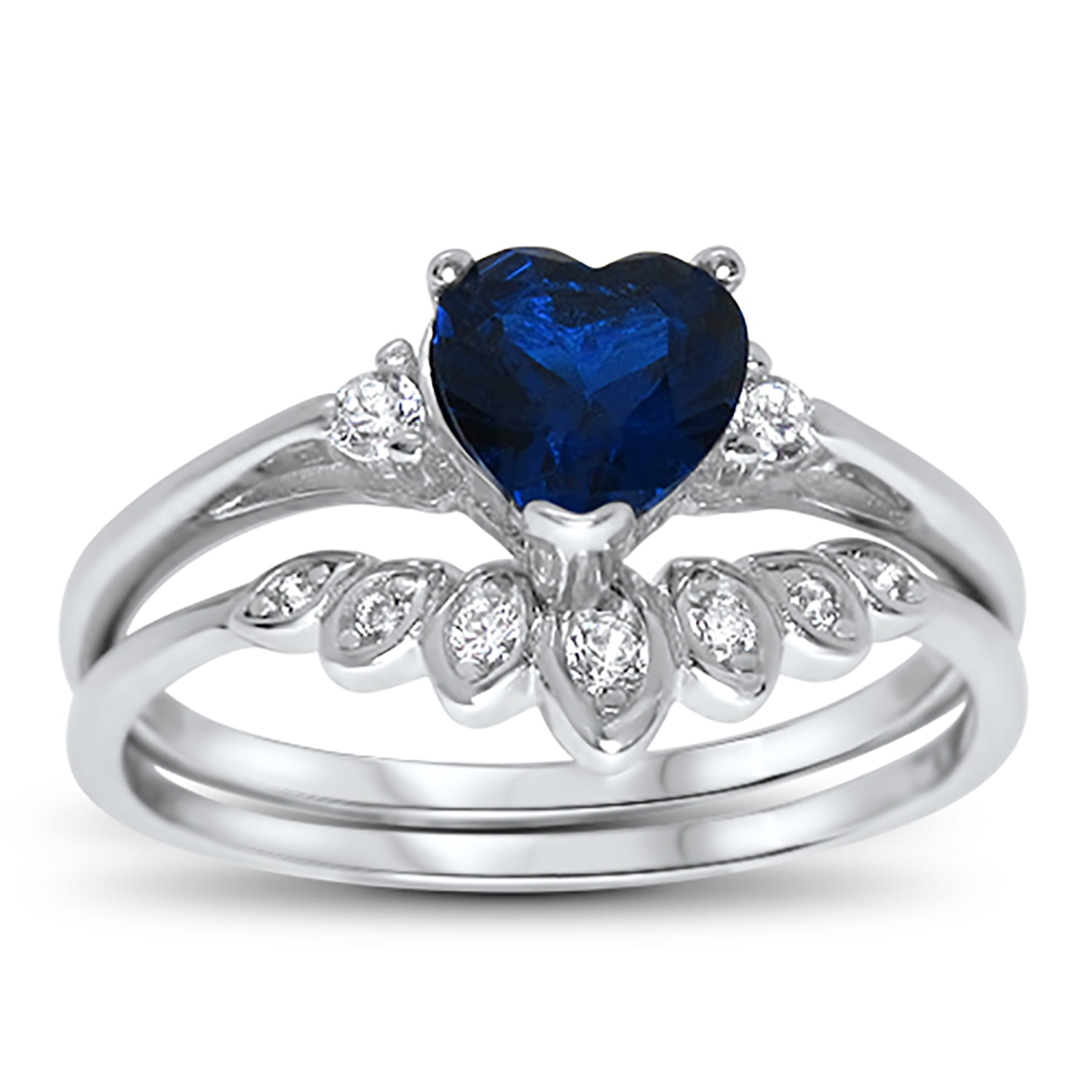 Sterling Silver Blue Sapphire Heart Shape CZ Wedding Engagement Ring Set for Women Size 8