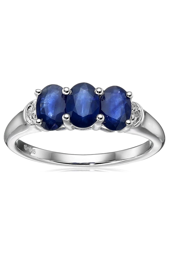Sterling Silver Blue Sapphire and Diamond Accented 3-Stone Ring, Size 7
