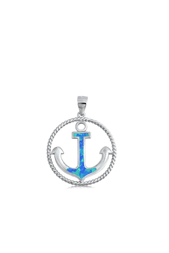 Sterling Silver Blue Simulated Opal Anchor Pendant Rope Halo Nautical Charm 925 Jewelry Female