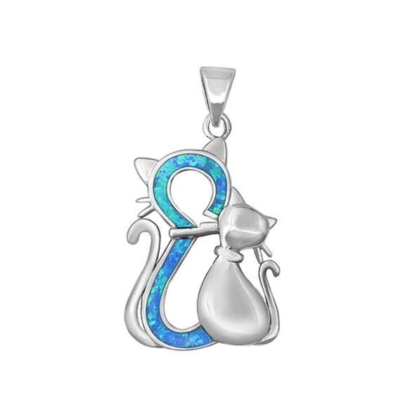 Sterling Silver Blue Simulated Opal Cat Pendant Kitten Charm 925 New Jewelry Female Unisex