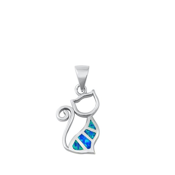 Sterling Silver Blue Simulated Opal Cat Pendant Mosaic Animal Swirl Charm 925 Jewelry Female Unisex