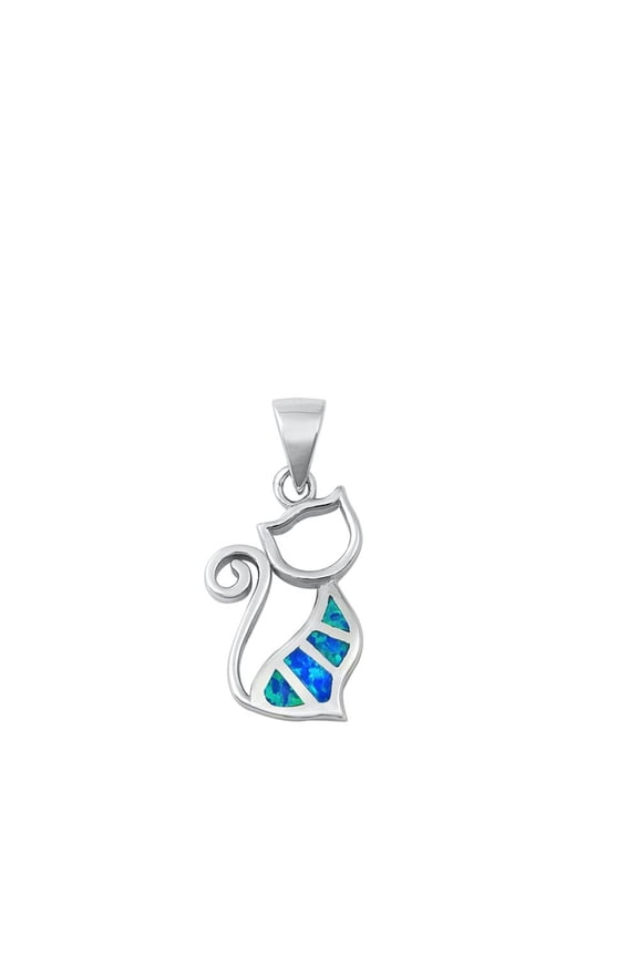 Sterling Silver Blue Simulated Opal Cat Pendant Mosaic Animal Swirl Charm 925 Jewelry Female Unisex