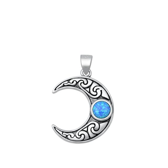 Sterling Silver Blue Simulated Opal Celtic Moon Pendant Celestial Charm 925 Jewelry Female Unisex