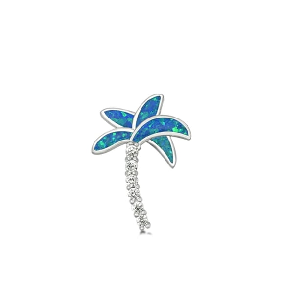 Sterling Silver Blue Simulated Opal Clear CZ Palm Tree Pendant Beach Charm 925 Jewelry Female
