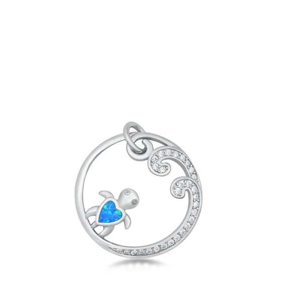 Sterling Silver Blue Simulated Opal Clear CZ Pendant Turtle Wave Charm 925 Jewelry Female