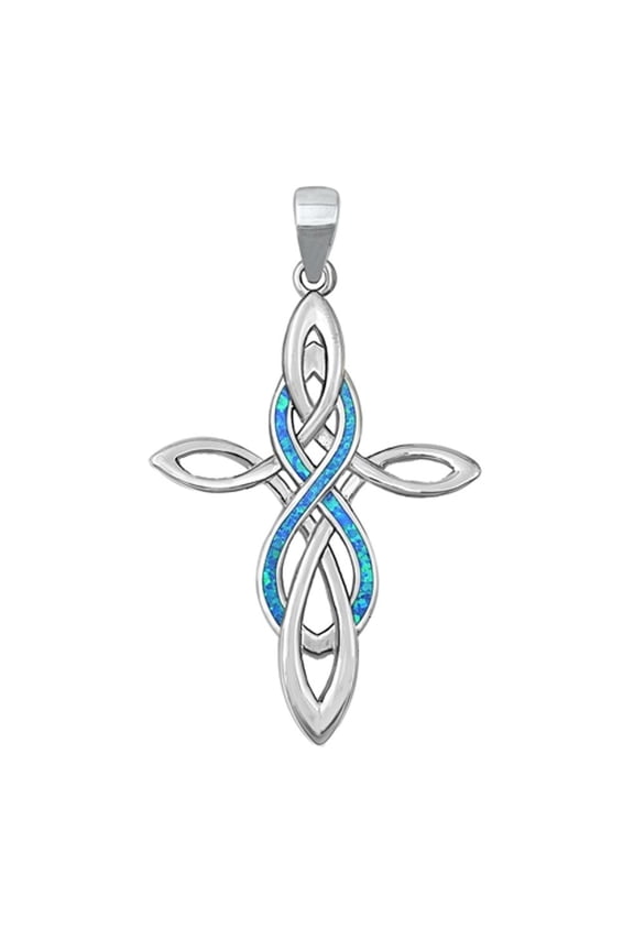 Sterling Silver Blue Simulated Opal Cross Pendant Celtic Infinity Charm Jewelry Female Unisex