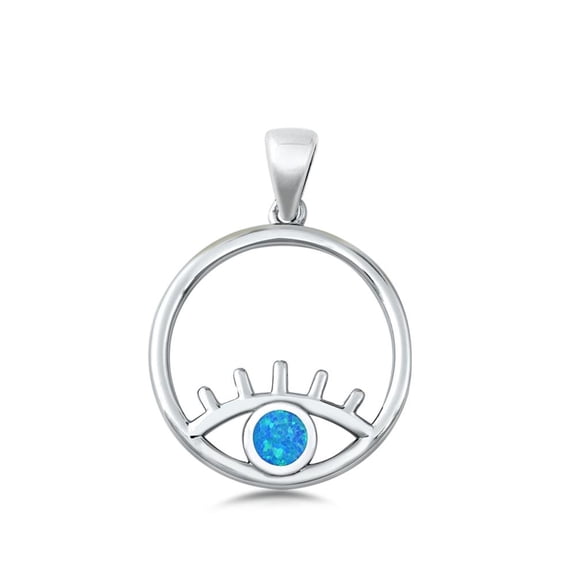 Sterling Silver Blue Simulated Opal Evil Eye Hoop Pendant All Seeing Charm 925 Jewelry Female Unisex