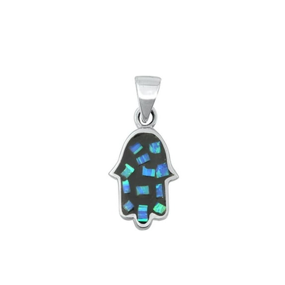 Sterling Silver Blue Simulated Opal Hamsa Pendant Charm 925 New Jewelry Female Unisex