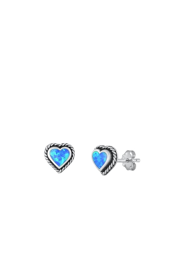 Sterling Silver Blue Simulated Opal Heart Stud Oxidized Earrings .925 Jewelry Female Unisex