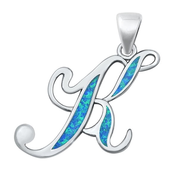 Sterling Silver Blue Simulated Opal Initial "K" Pendant Script Charm Jewelry Female Unisex