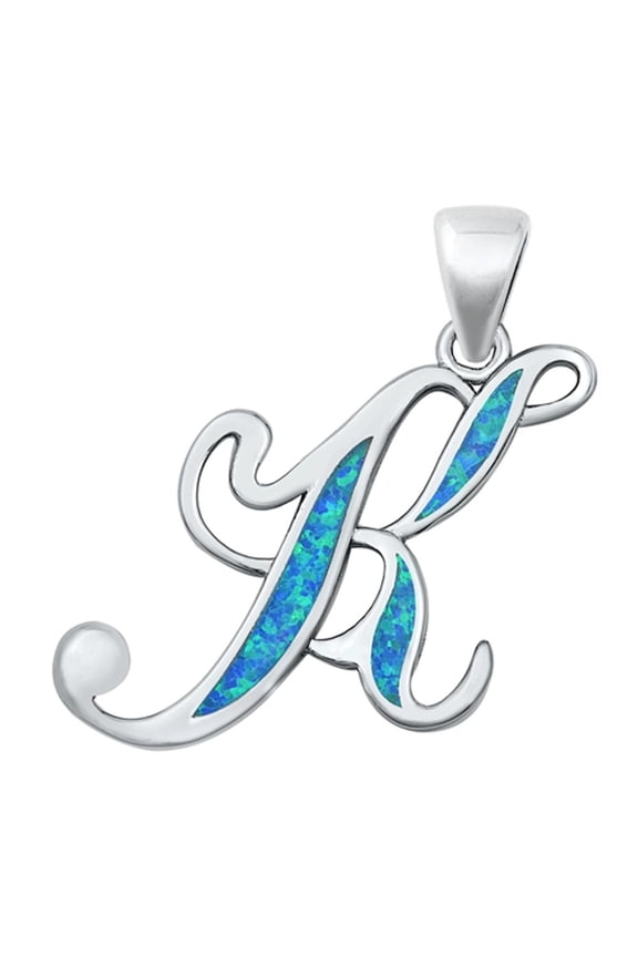 Sterling Silver Blue Simulated Opal Initial "K" Pendant Script Charm Jewelry Female Unisex