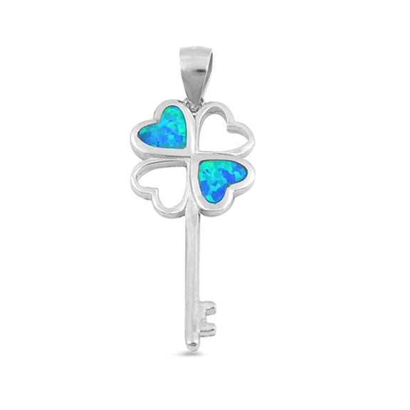 Sterling Silver Blue Simulated Opal Key Pendant Clover Flower Heart Charm 925 Jewelry Female Unisex