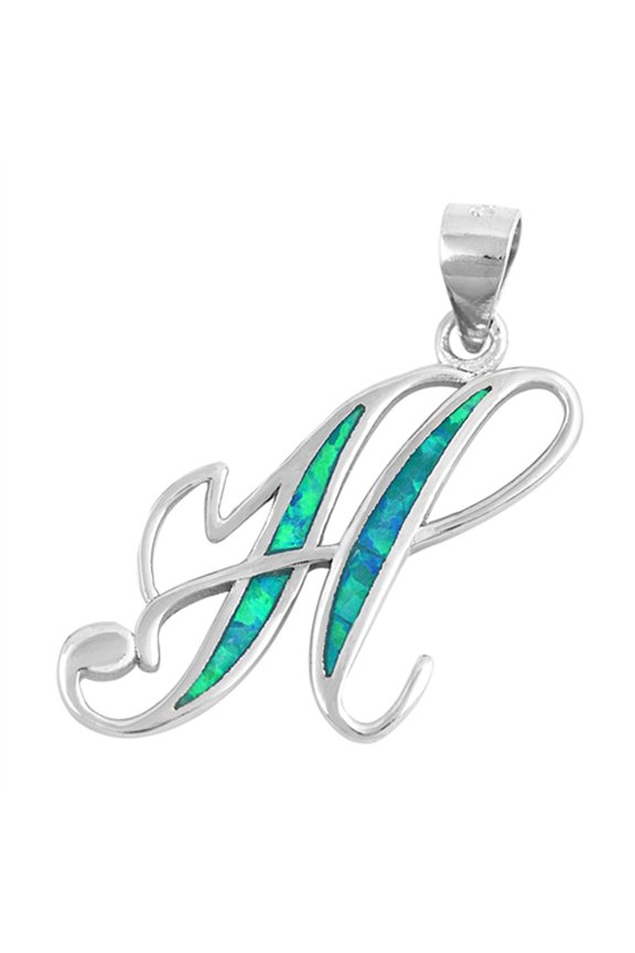 Sterling Silver Blue Simulated Opal Monogram Letter H Pendant Script Swirl Charm Jewelry Female
