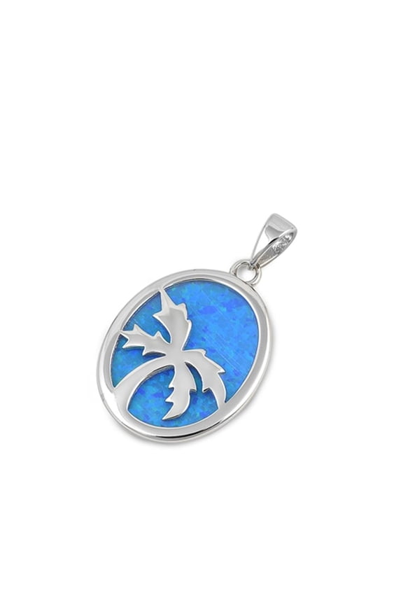 Sterling Silver Blue Simulated Opal Palm Tree Pendant Tropical Nature Charm 925 Jewelry Female