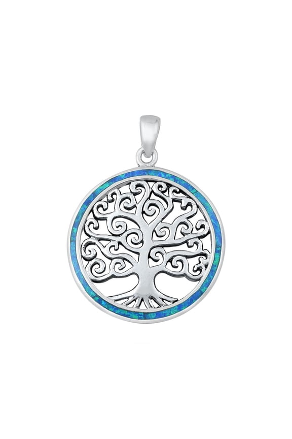 Sterling Silver Blue Simulated Opal Tree of Life Medallion Pendant Curl Charm Jewelry Female Unisex