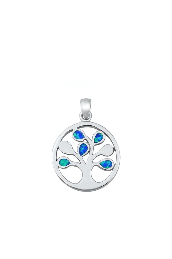 Sterling Silver Blue Simulated Opal Tree of Life Pendant Minimalist Leaf Charm Jewelry Female Unisex