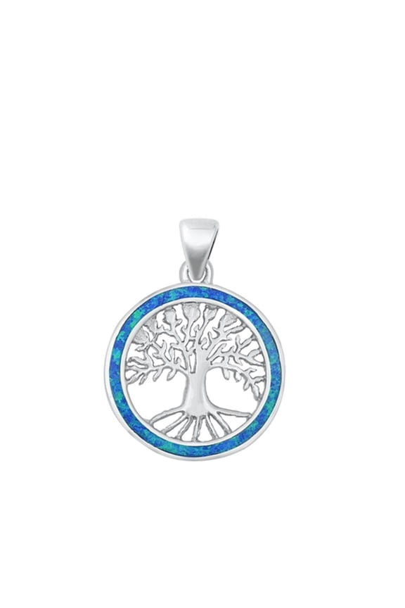 Sterling Silver Blue Simulated Opal Tree of Life Pendant Wisdom Charm Jewelry Female Unisex
