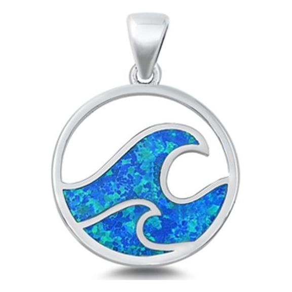 Sterling Silver Blue Simulated Opal Wave Pendant Ocean Sea Beach Charm Jewelry Female Unisex