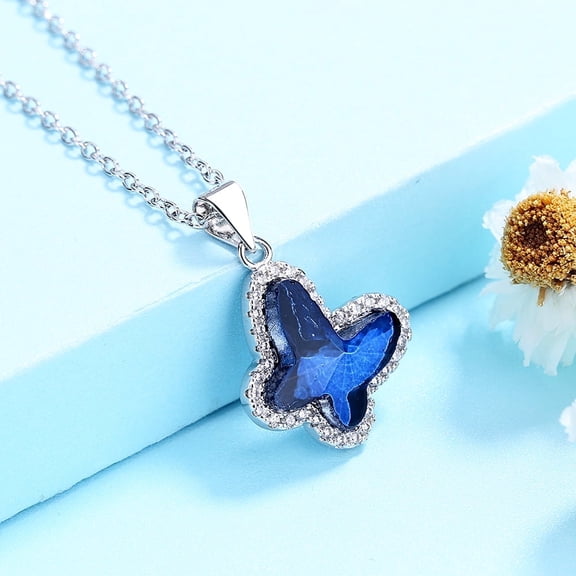 Sterling Silver Blue Butterfly Pendant Necklace with Blue  Crystals