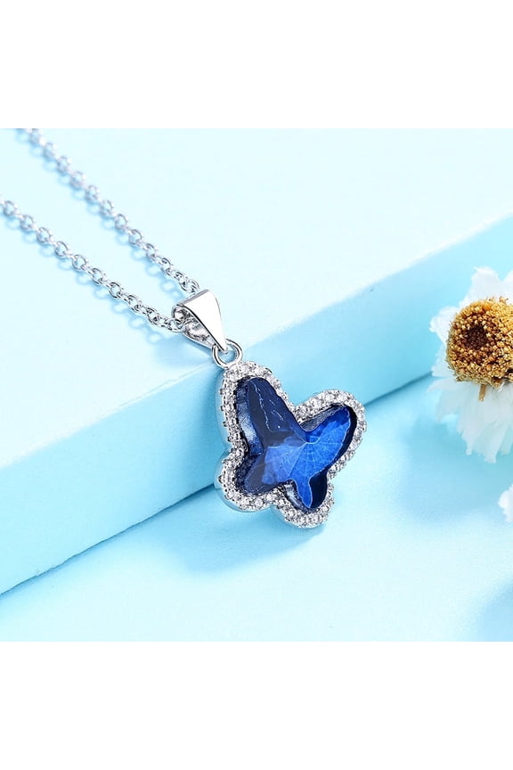 Sterling Silver Blue Butterfly Pendant Necklace with Blue Crystals