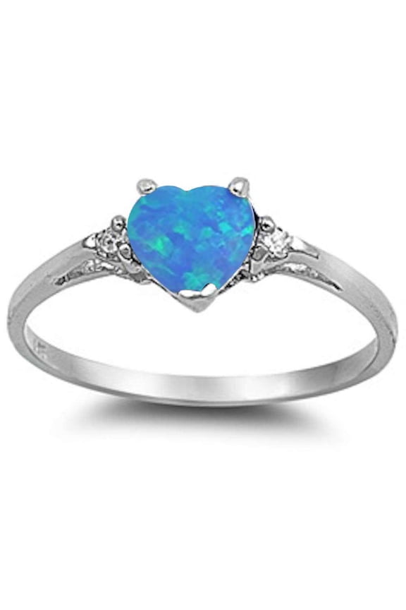 Sterling Silver Blue Synthetic Opal Clear CZ Heart Ring Size 8