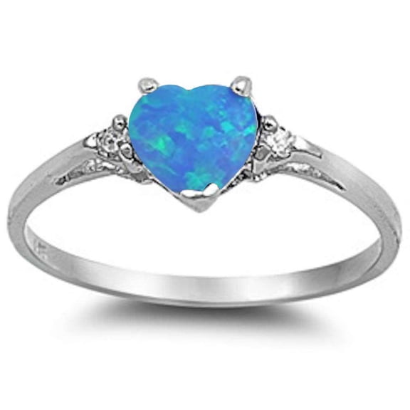 Sterling Silver Blue Synthetic Opal Clear CZ Heart Ring Size 9