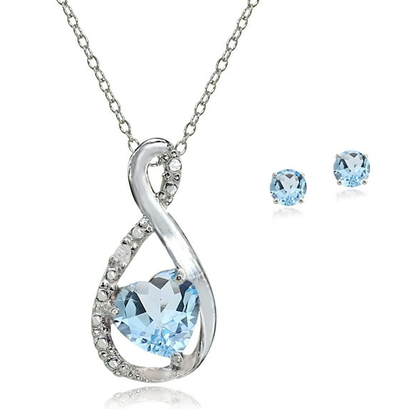 Sterling Silver Blue Topaz & Diamond Accent Infinity Heart Pendant Necklace & Stud Earrings Jewelry Set