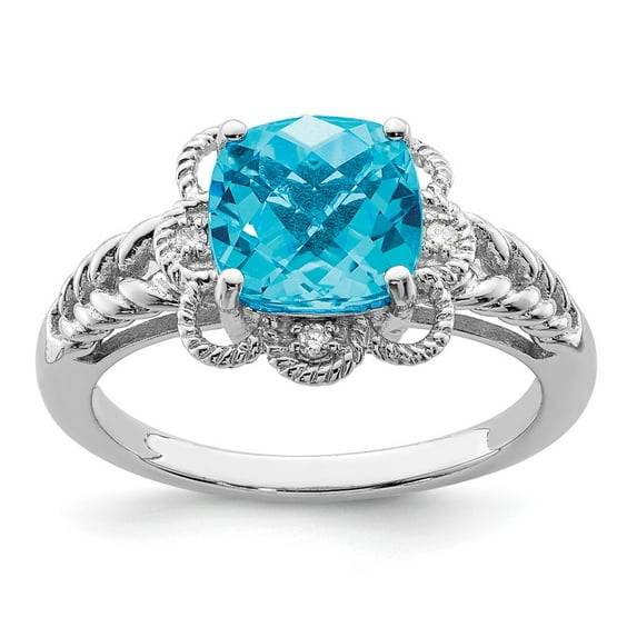 Sterling Silver Rhodium Checker-Cut Blue Topaz & Diam. Ring QR3217BT