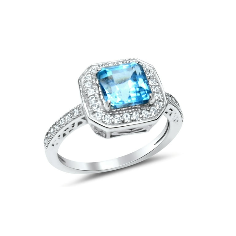 Sterling Silver Princess Square Genuine Gemstone & Diamond Rings Sterling Silver Princess Square Genuine Gemstone & Diamond Rings