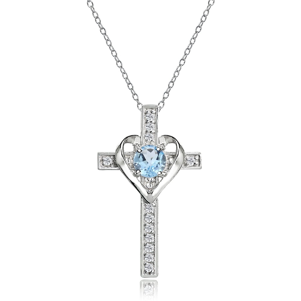 Sterling Silver Blue Topaz and White Topaz Heart Cross Birthstone ...