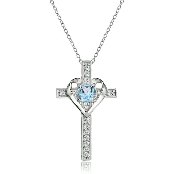Sterling Silver Blue Topaz and White Topaz Heart Cross Birthstone Pendant Necklace