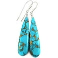 thumbnail image 1 of Sterling Silver Blue Turquoise Earrings Coppery Mosaic Veining Long Large Simple Dangle Drops 2.2 Inch, 1 of 3