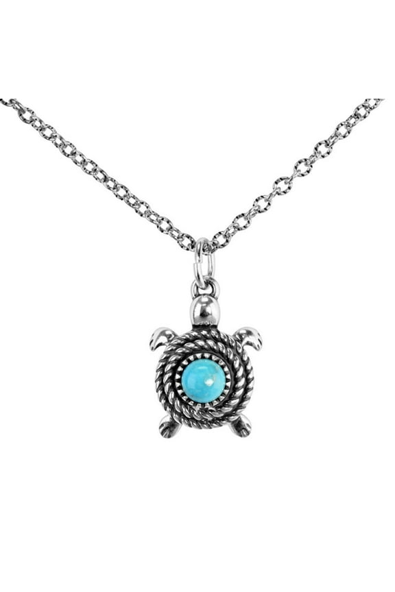 Sterling Silver Blue Turquoise Gemstone Turtle Necklace, 17 to 20 Inches
