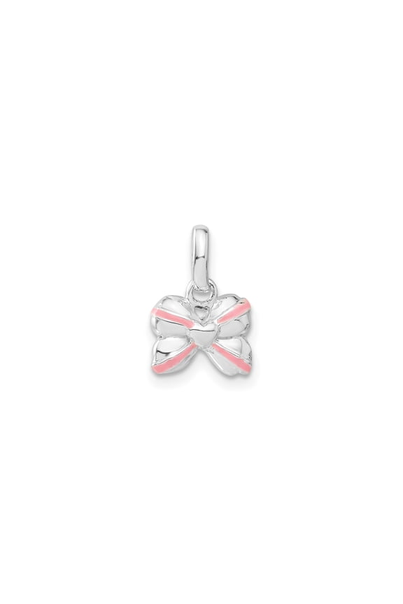 Sterling Silver Bow Charm Pendant with Pink Enamel, Heart Centered Feminine Symbol for Women or Teens, Dainty Youth Jewelry for Necklace or Bracelet