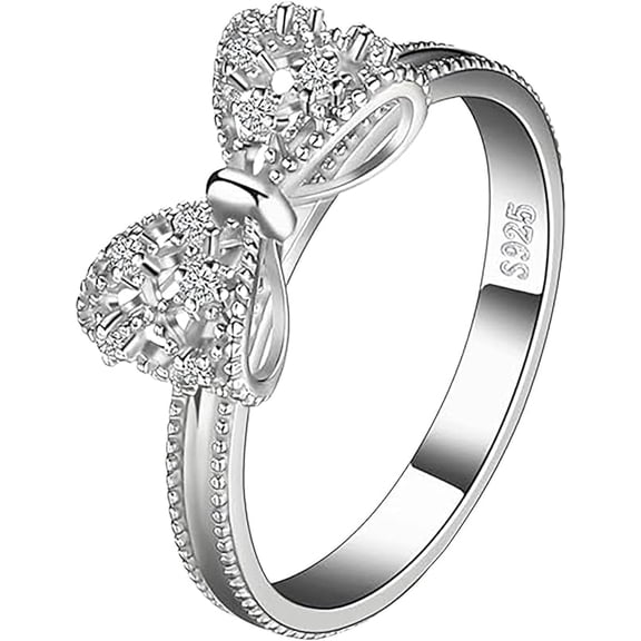 Sterling Silver Bow Tie Promise Ring Set for Women - Cubic Zirconia - Silver - One Size - Traditional with Modern Elements - Engagement, Wedding Occasion