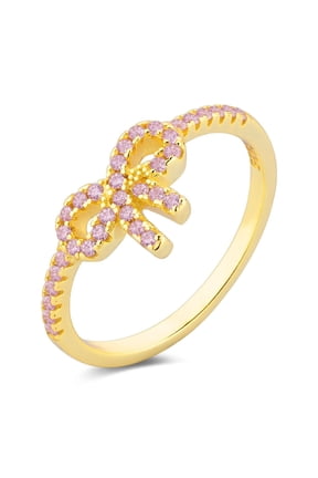 Sterling Silver Ring with Bow Zircon Accent Elegant Yellow Gold Plated Korean Ring Perfect as a Gift for Her Fashion Jewelry Band no 6 no 7 no 8 no 9
