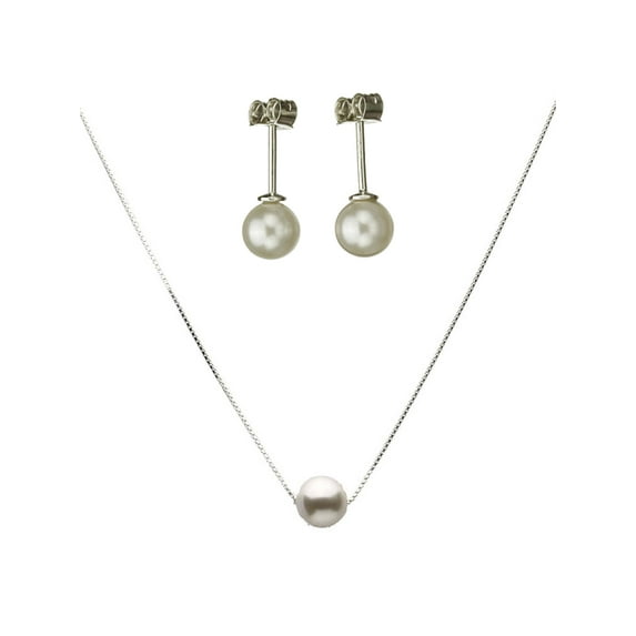 Sterling Silver Box Chain Necklace 10mm Simulated Pearl Made with Swarovski(R) Crystals Studs 16"+2"