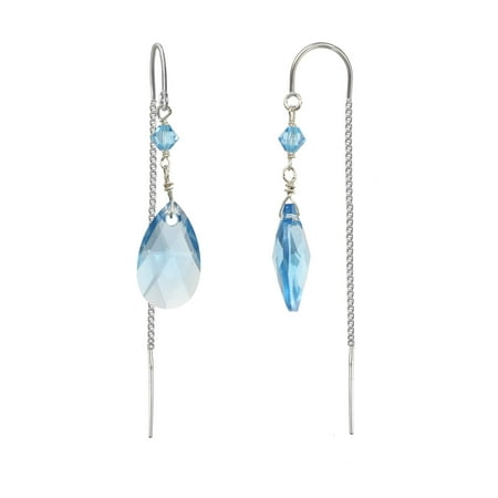 Sterling Silver Box Chain Threader Drop Earrings made with Austrian Aquamarine Colored Crystals